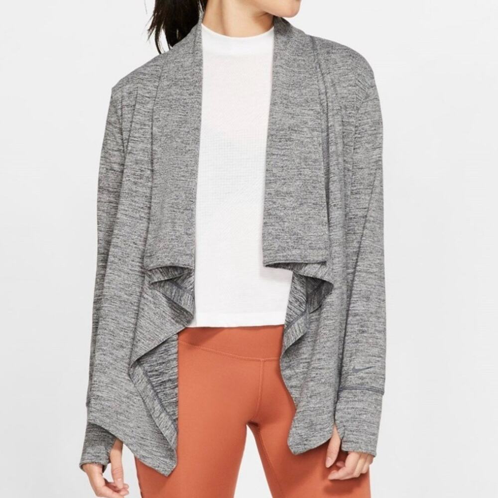 NIKE Heathered Gray Yoga Collection Open Front Long Sleeve Training Top Size XS